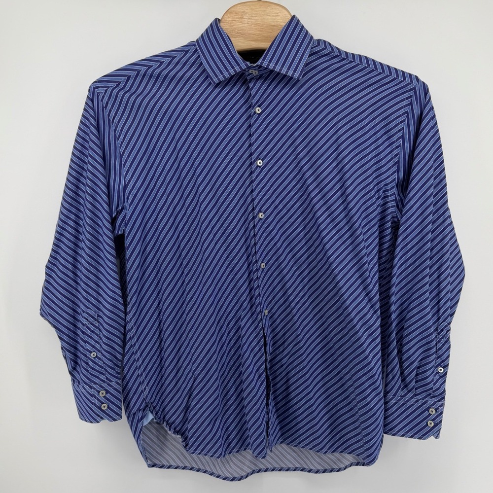 Tommy Hilfiger Men's Blue Stripe Dress Shirt size X-Large 100s 2 Ply Cotton